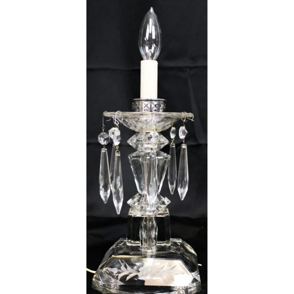 VTG Clear Crystal Lamp Light Floral Etch Hanging Pendant Victorian Glass Elegant